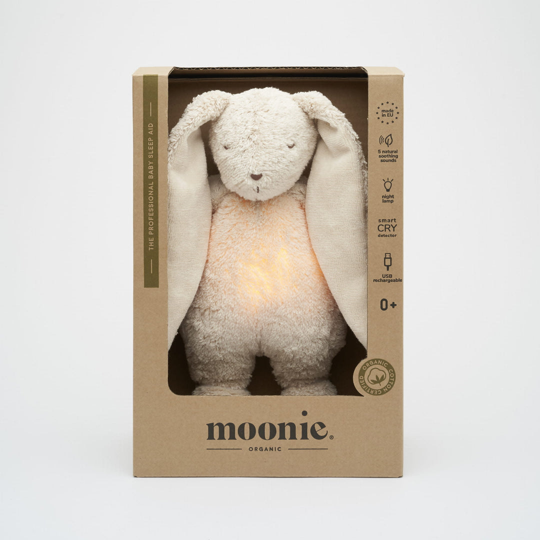 Moonie - Ami Sonore en Coton Biologique avec Veilleuse, Lapin Sable