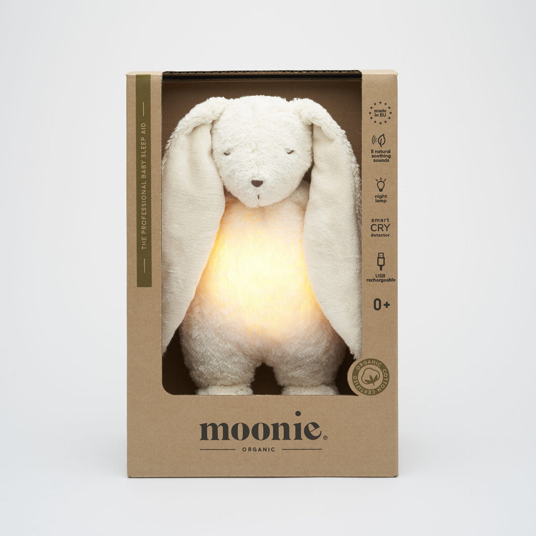 Moonie - Ami Sonore en Coton Biologique avec Veilleuse, Lapin Polaire