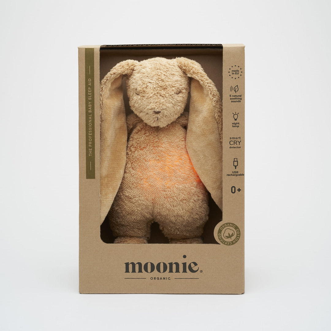 Moonie - Ami Sonore en Coton Biologique avec Veilleuse, Lapin Cappuccino