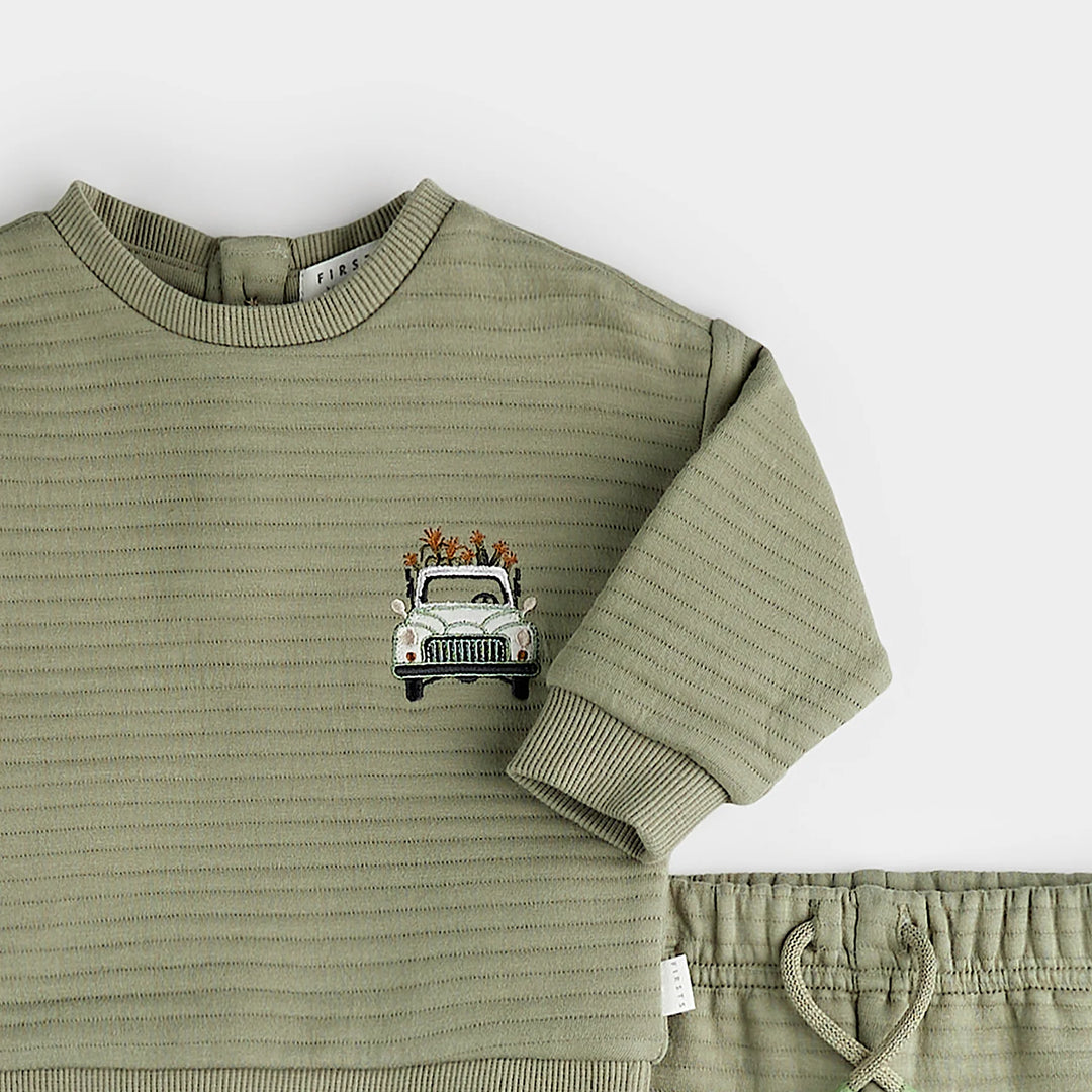 Petit Lem - Quilted Organic Cotton Sweater and Pants Set, Pumpkin Truck