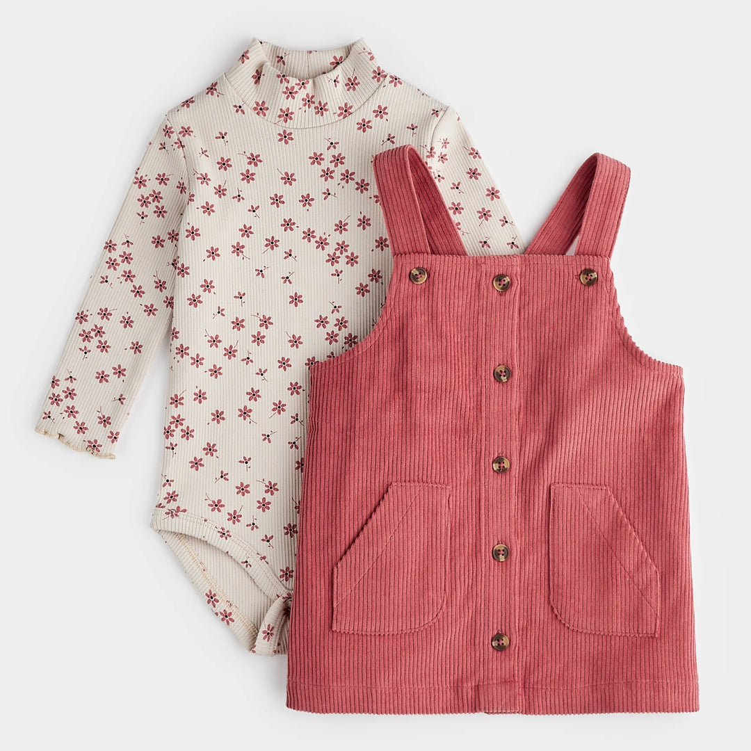 Petit Lem - Corduroy Pinafore Dress and Onesie Set, Raspberries