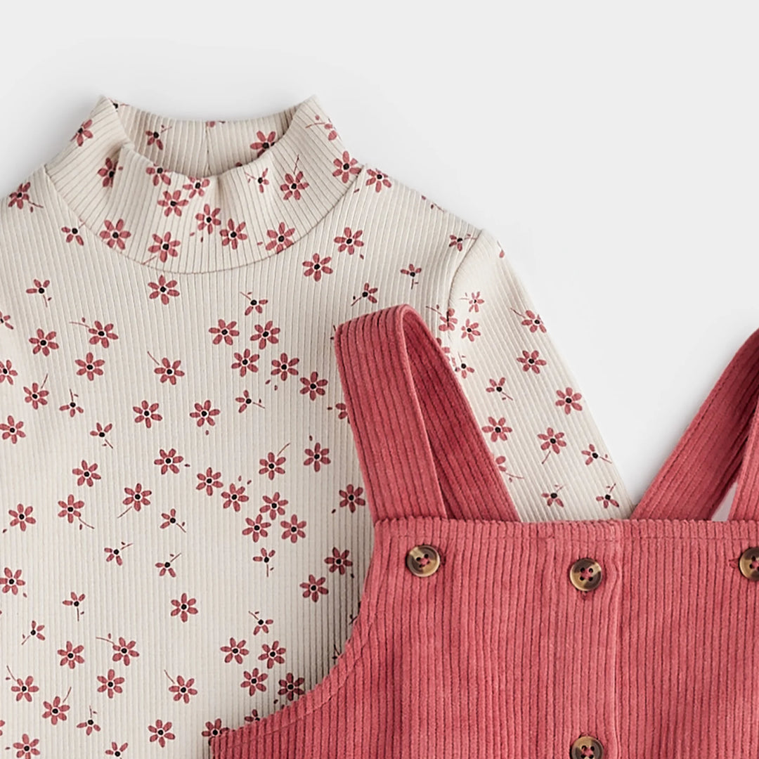 Petit Lem - Corduroy Pinafore Dress and Onesie Set, Raspberries