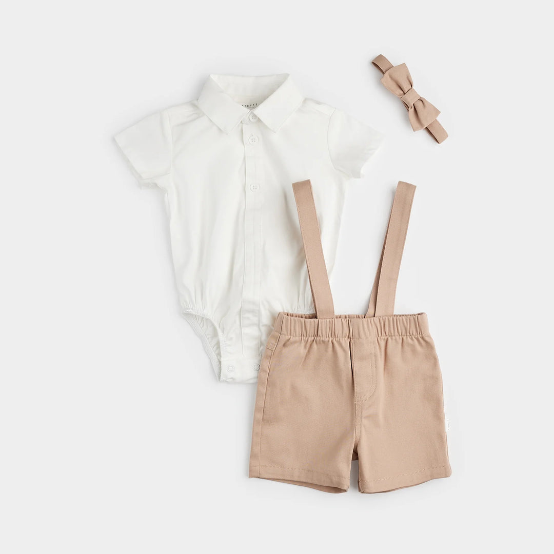 Petit Lem - Shirt, Overalls, and Bow Tie Set, Cream and Taupe