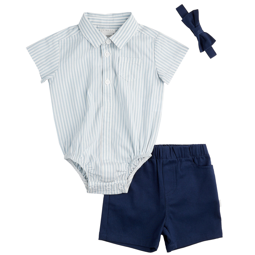 Petit Lem - Shirt, Shorts, and Bow Tie Set, Blue Stripes