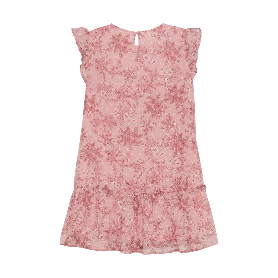 Robe à Manches Volantées Dobby, Rose Floral