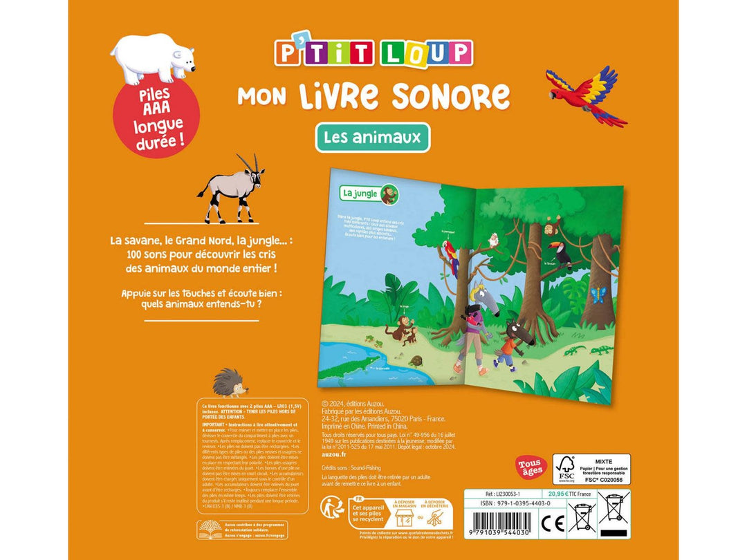 Auzou - Livre, Mon Livre Sonore P'tit Loup, Les Animaux, 2 ans et +