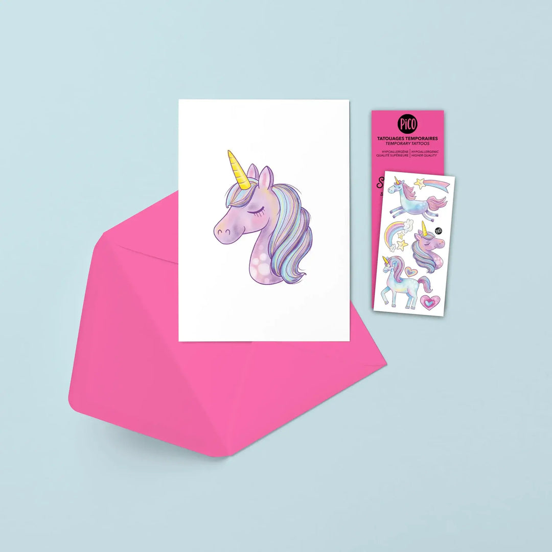 Pico Tatoo - Carte de Souhaits avec Tatouages Temporaires, Licorne