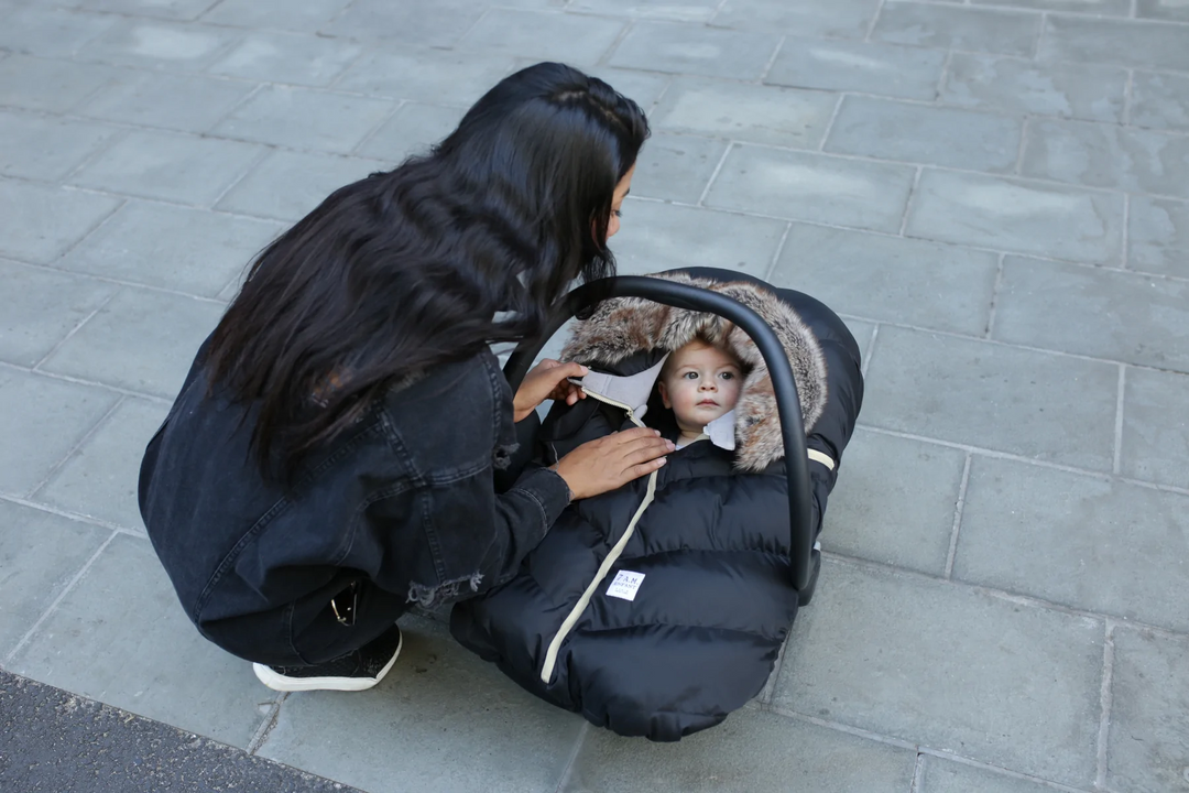 7AM - Car Seat Cocoon Cover, Black Faux Fur Tundra, 0-12 months