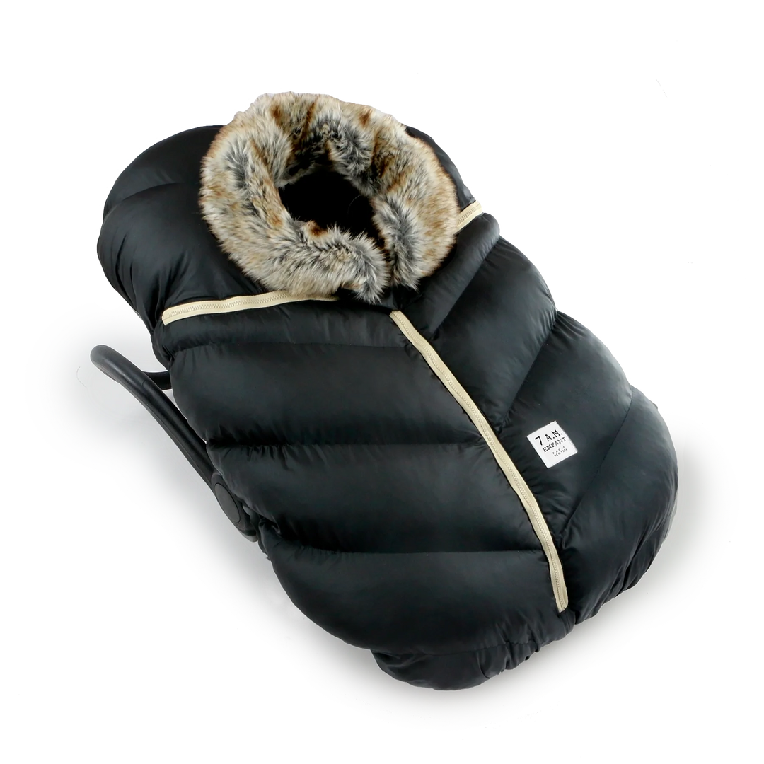 7AM - Car Seat Cocoon Cover, Black Faux Fur Tundra, 0-12 months