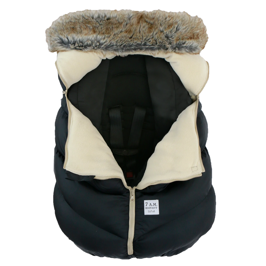 7AM - Car Seat Cocoon Cover, Black Faux Fur Tundra, 0-12 months