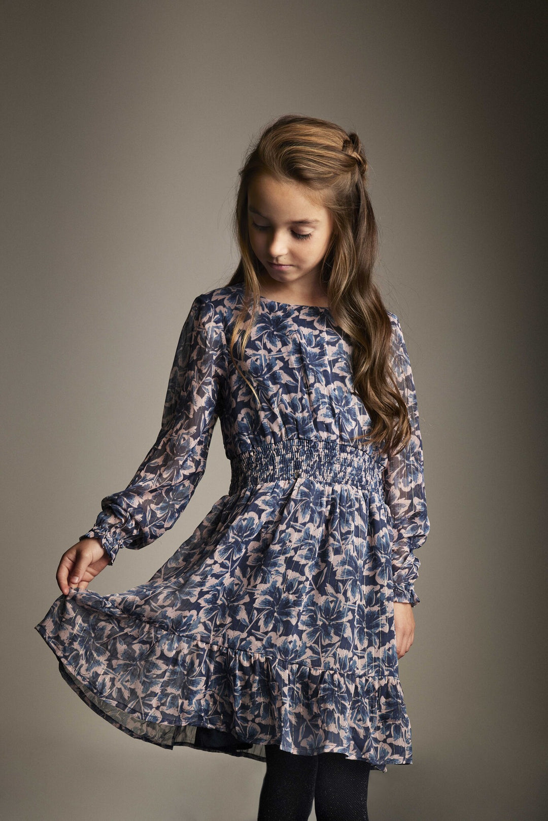 Creamie - Long Sleeve Flowers Dress, Indigo Blue