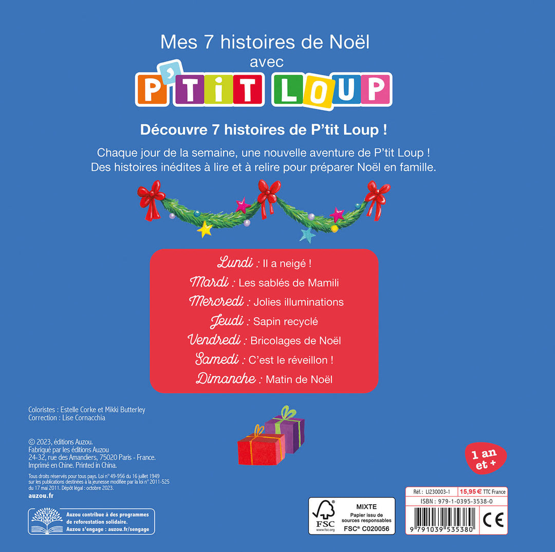 Auzou - Livre, Mes 7 Histoires de Noël avec P'tit Loup, 1 an et +