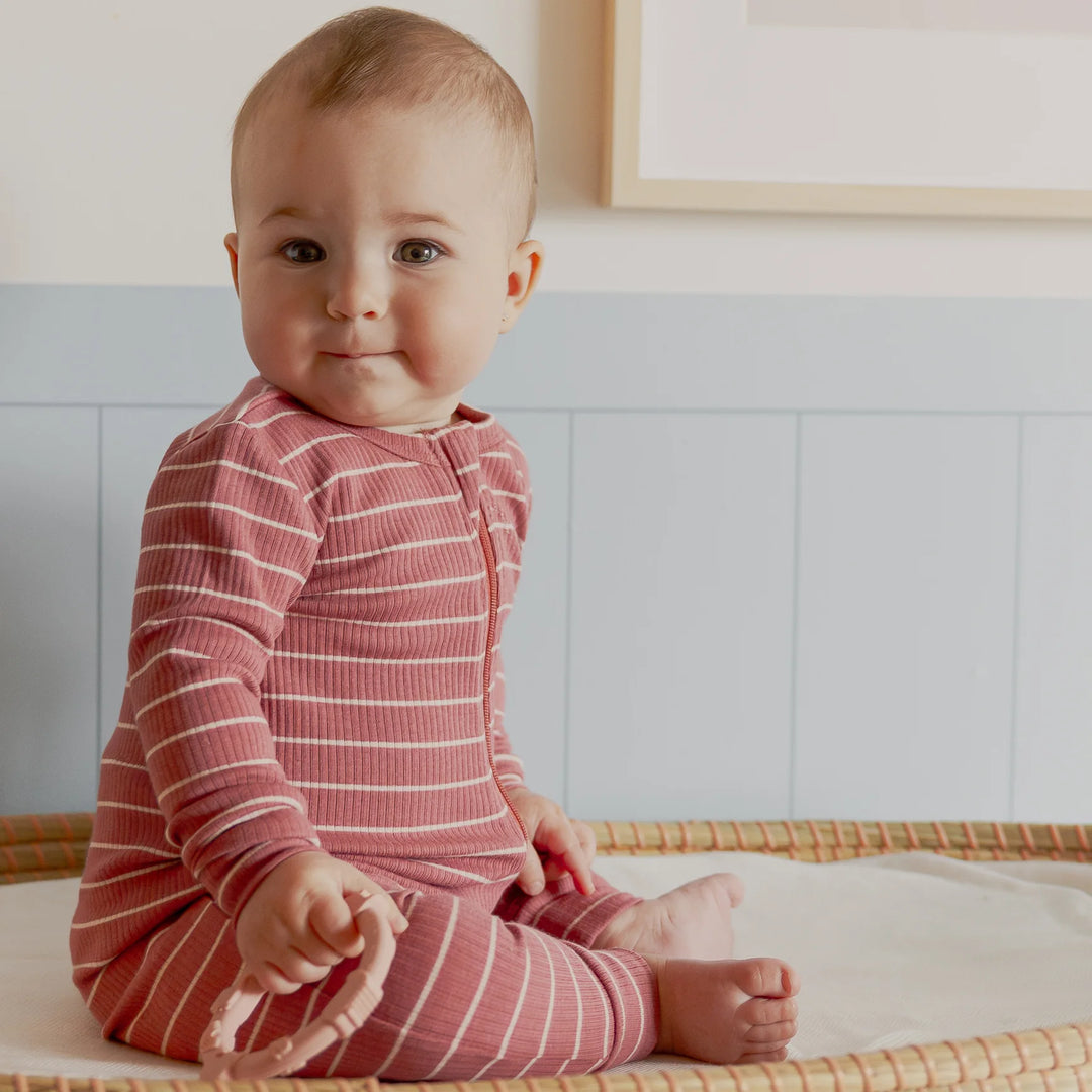 Ribbed Organic Cotton Romper, Raspberry Striped