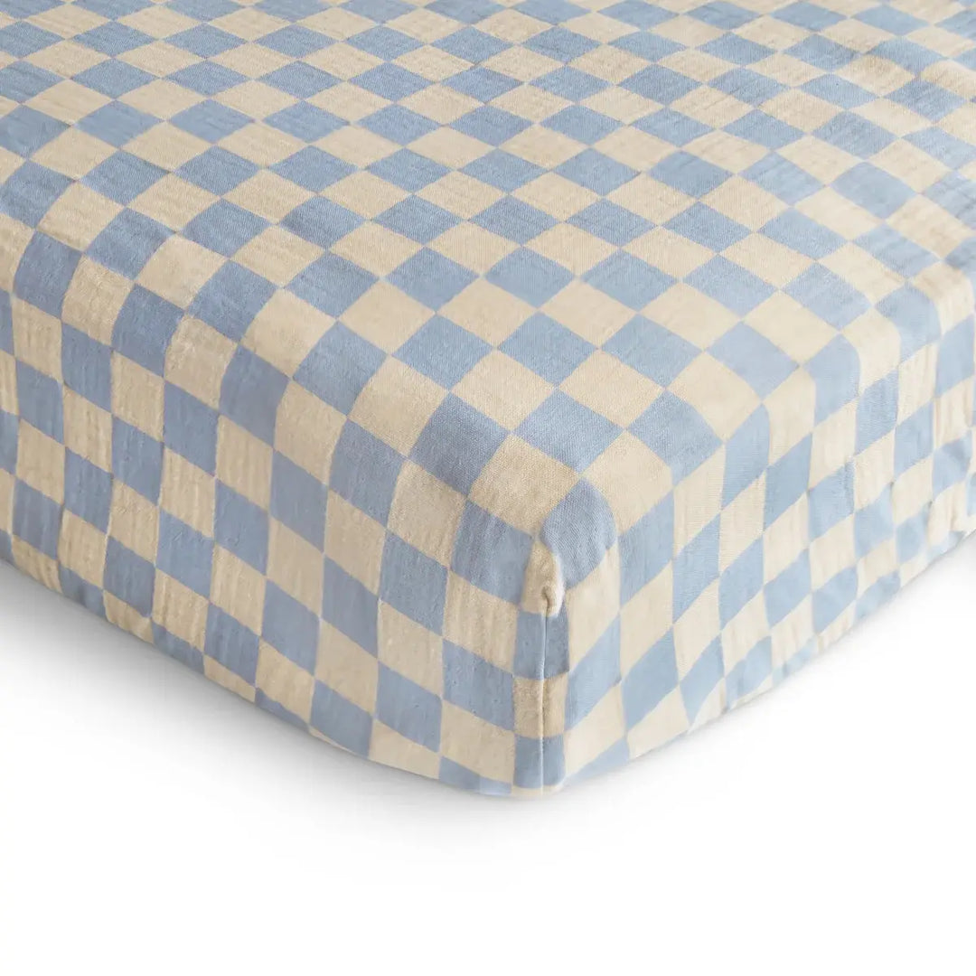 Mushie - Drap Contour en Mousseline, Carreaux Bleus