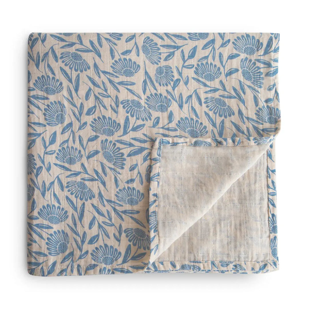 Mushie - Couverture en Mousseline de Coton Biologique, Fleurs Bleues