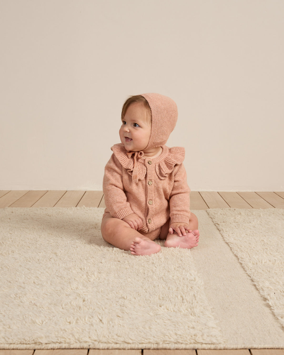 PRÉ-VENTE - Quincy Mae - Cardigan en Tricot à Col Volanté, Vieux Rose