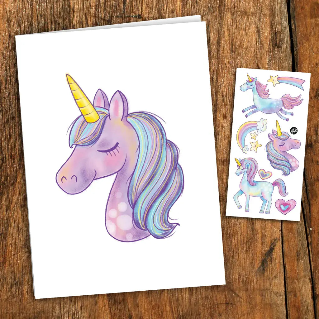 Pico Tatoo - Carte de Souhaits avec Tatouages Temporaires, Licorne