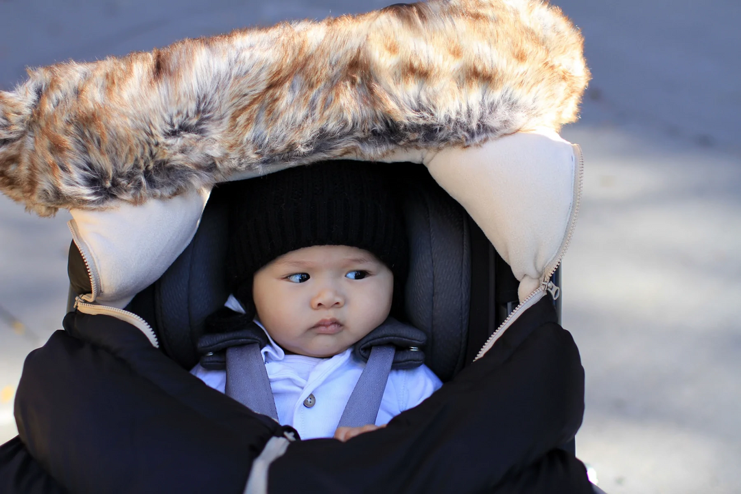 7AM - Car Seat Cocoon Cover, Black Faux Fur Tundra, 0-12 months