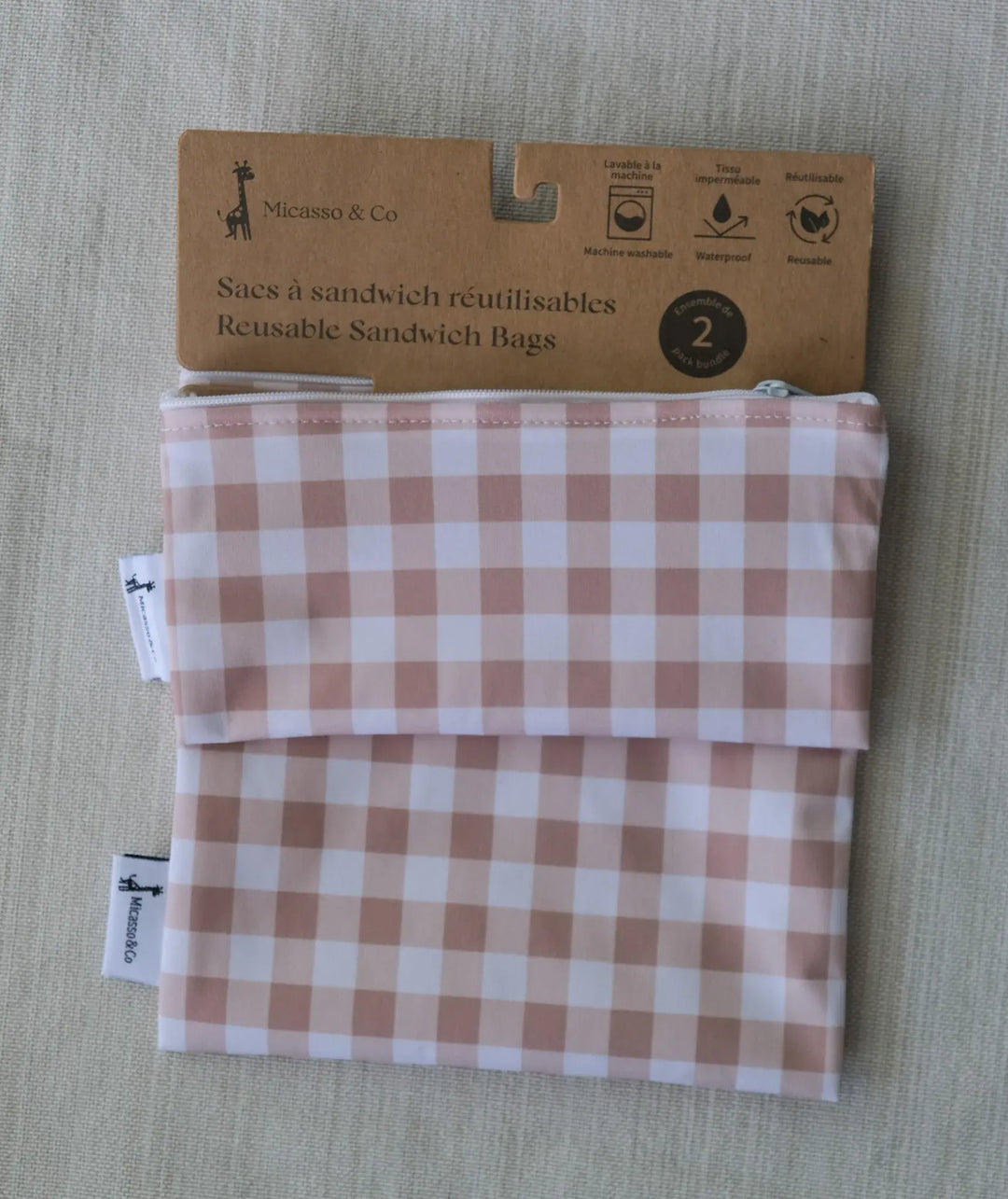 Micasso & Co - Duo de Sacs à Collation Réutilisables, Vichy Caramel