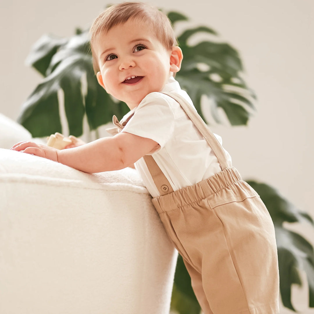 Petit Lem - Shirt, Overalls, and Bow Tie Set, Cream and Taupe