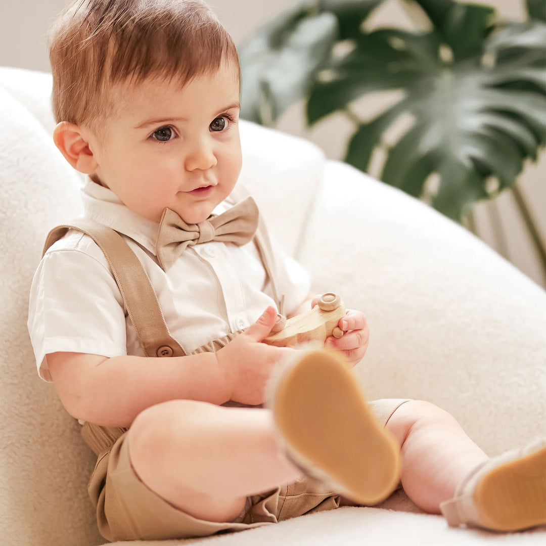 Petit Lem - Shirt, Overalls, and Bow Tie Set, Cream and Taupe