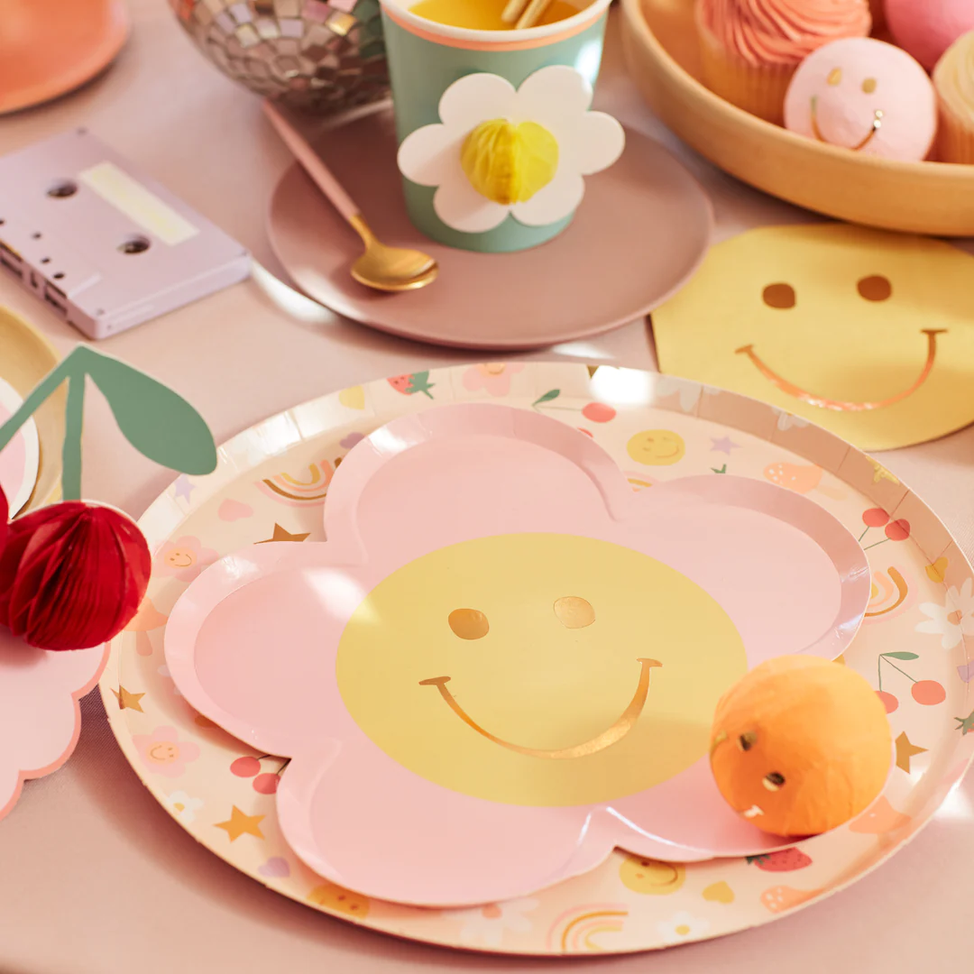 Paquet de 8 Assiettes en Papier, Fleur Souriante