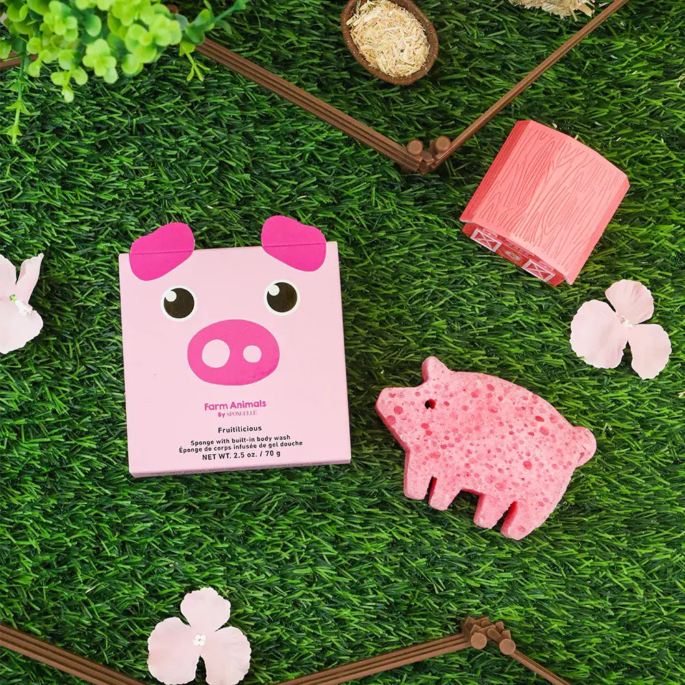 Spongellé - Éponge de Corps Infusée de Gel Douche, Peggy le Cochon