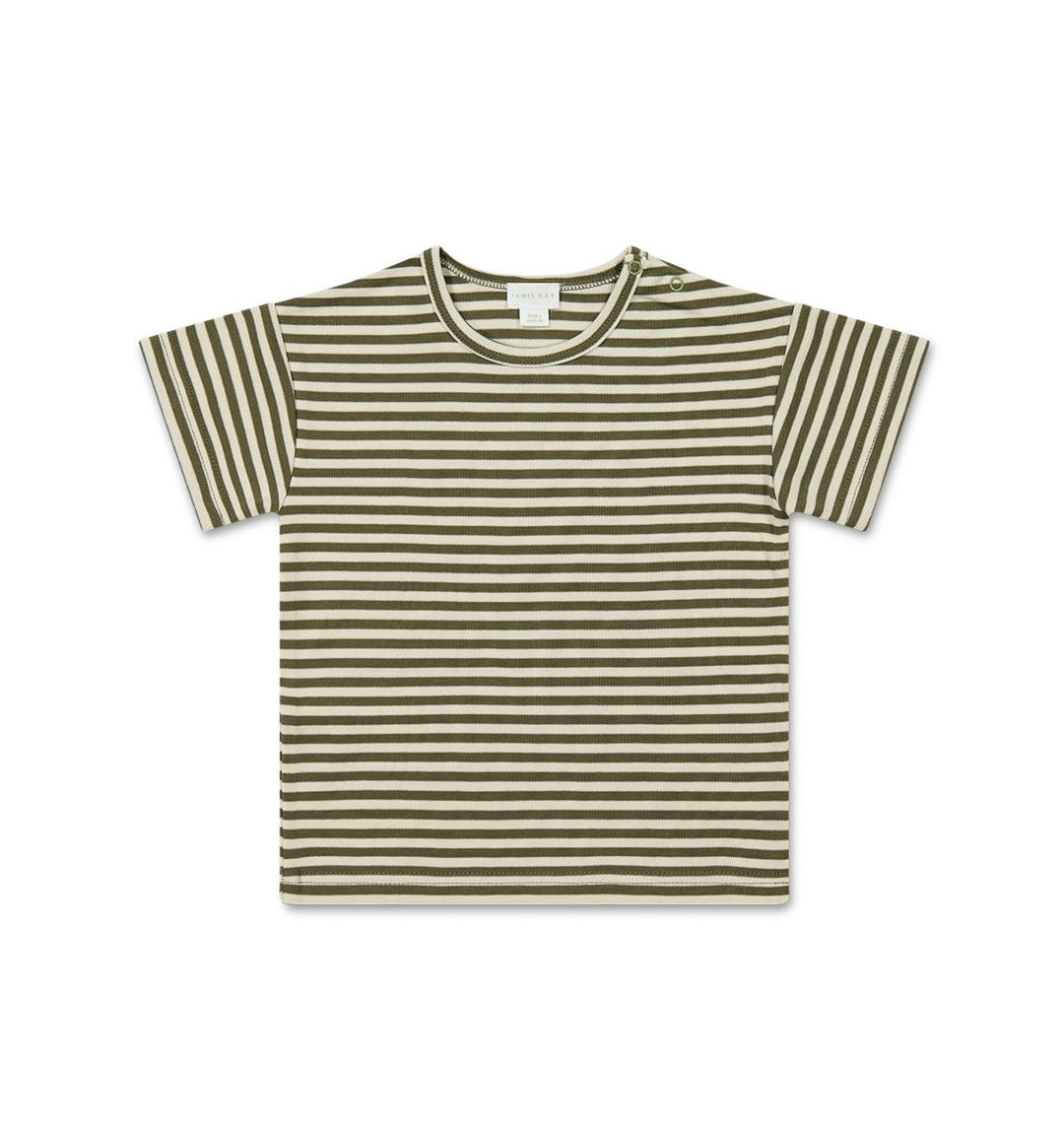 Jamie Kay - T-Shirt Hunter en Pima Coton, Rayures Olive