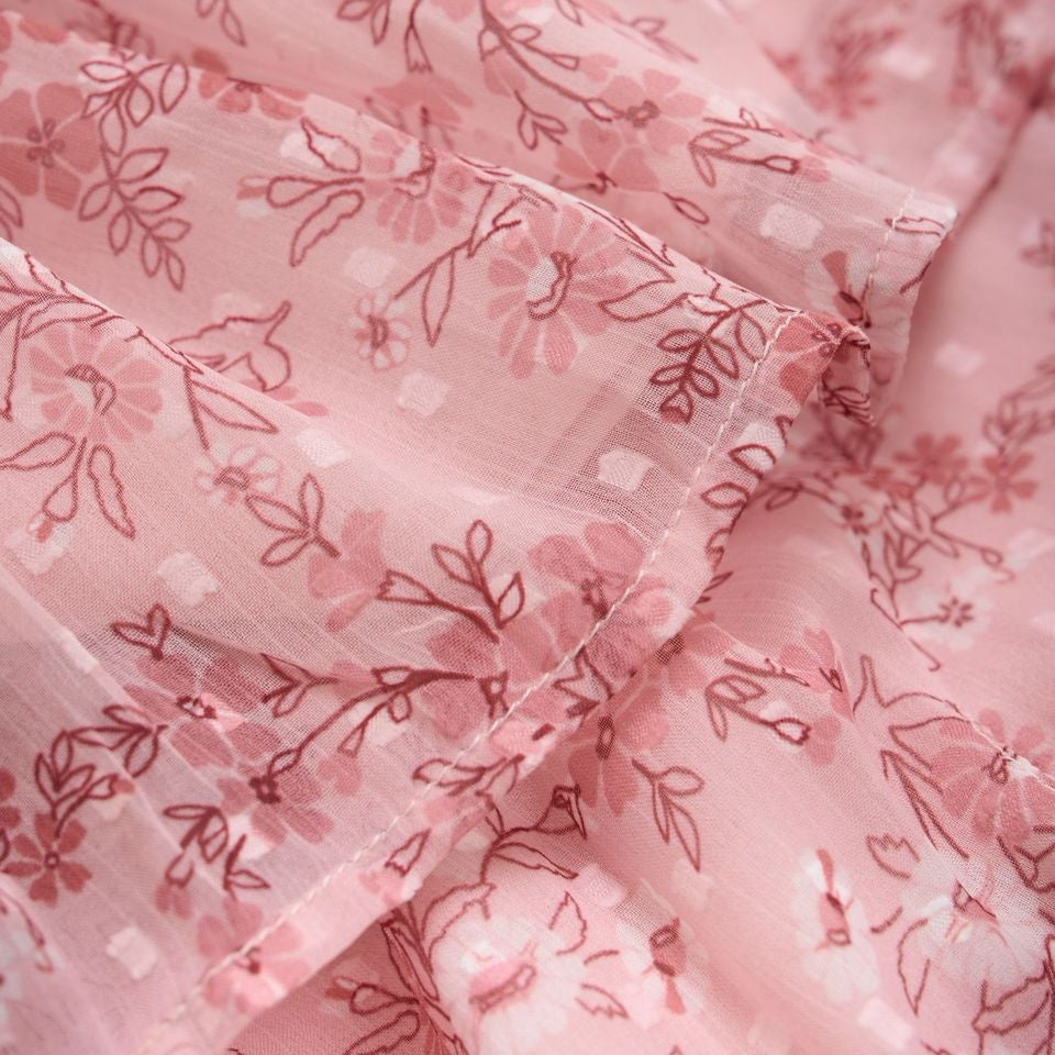 Robe à Manches Volantées Dobby, Rose Floral