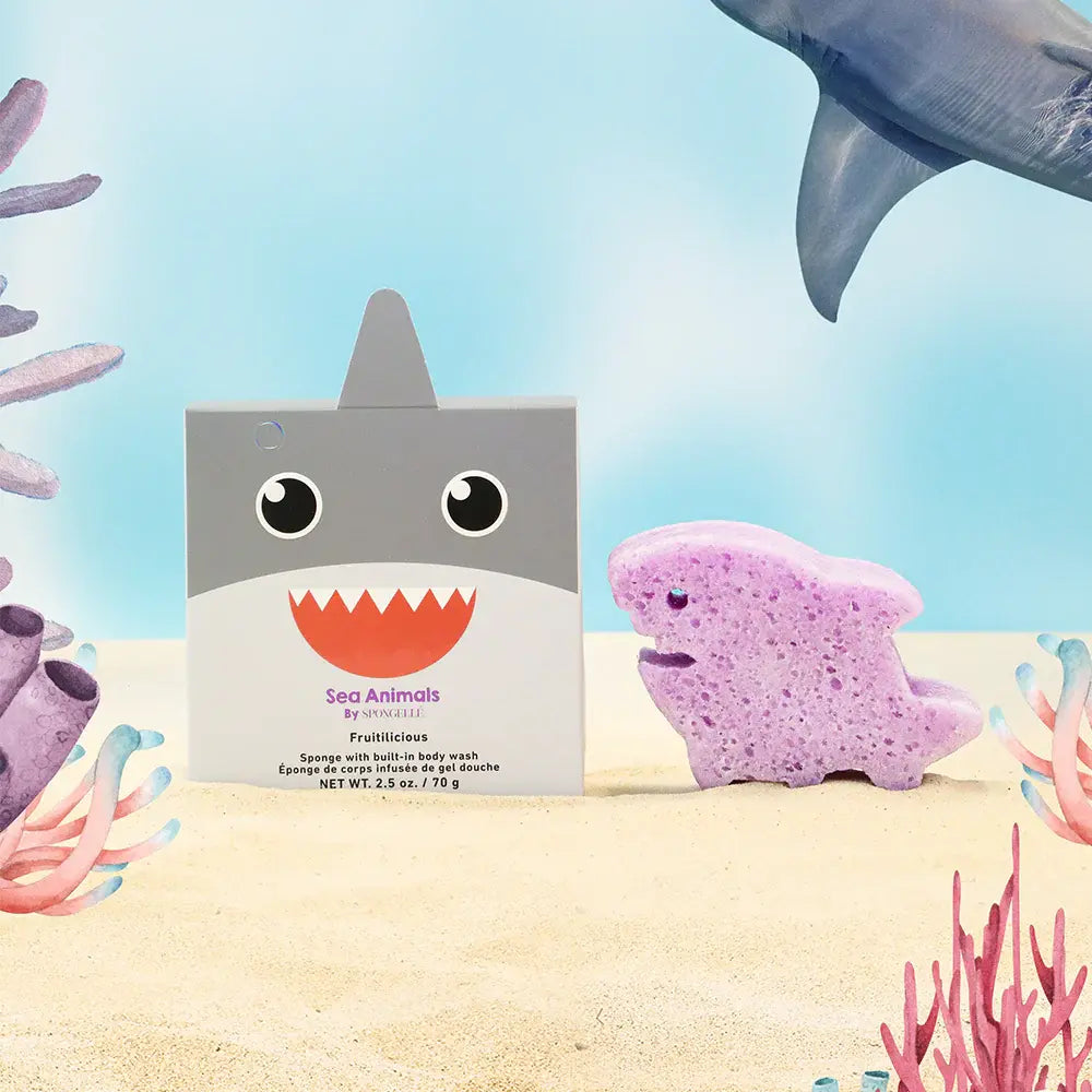 Spongellé - Éponge de Corps Infusée de Gel Douche, Sammy le Requin