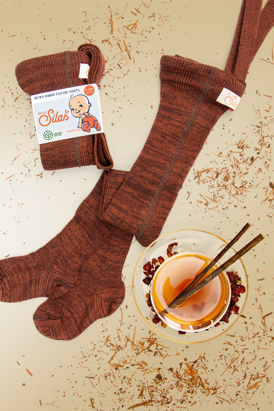 Silly Silas - Ribbed Footed Tights with Braces, Spicy Chai