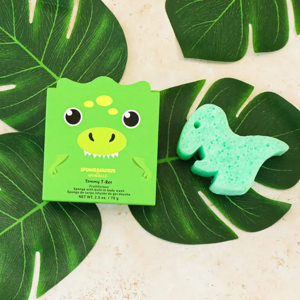 Spongellé - Éponge de Corps Infusée de Gel Douche, Tommy le T-Rex